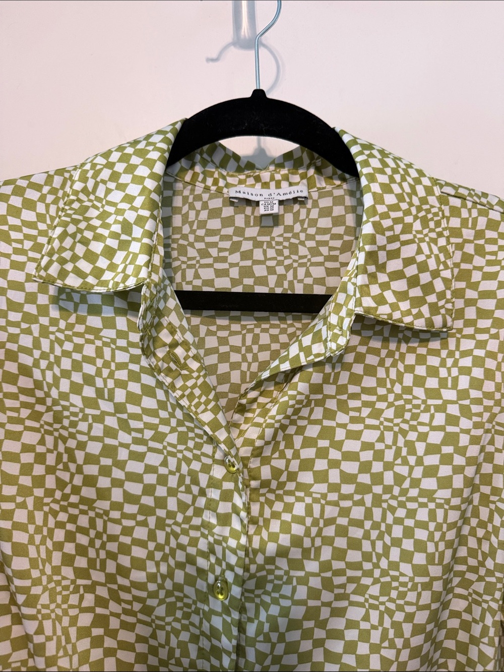 Maison D’Amelie Tie-Front Checker 70s Vibe Button-Down Shirt - Olive Green Size - Picture 14 of 14